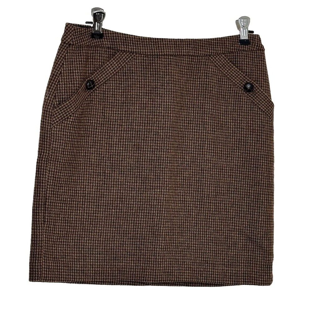 Banana Republic Womens Wool Pencil Skirt Houndstooth Tweed Brown Academia Preppy